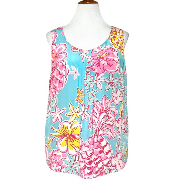 Lilly Pulitzer Tops - Lilly Pulitzer Silk Tropical Floral Printed Sleeveless Top Pastel Blue Pink
